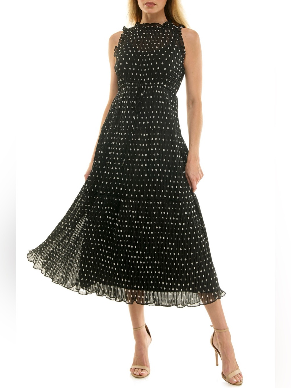 Socialite Polka Dot Sleeveless Pleated Chiffon Dress Black White Medium NWI